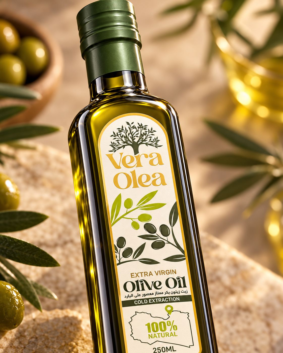 Nahaufnahme des Vera Olea Etiketts: Extra Virgin Olive Oil, Cold Extraction, 100 % Natural