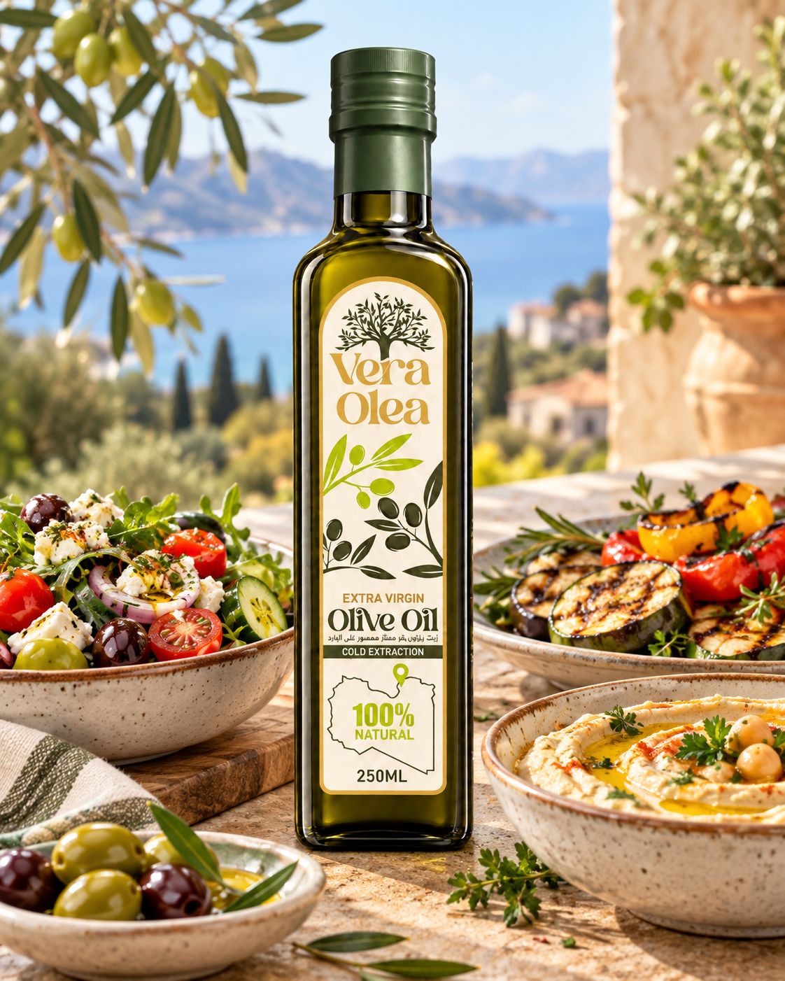 Vera Olea Flasche zwischen Salat, gegrilltem Gemüse und Hummus mit Blick aufs Meer