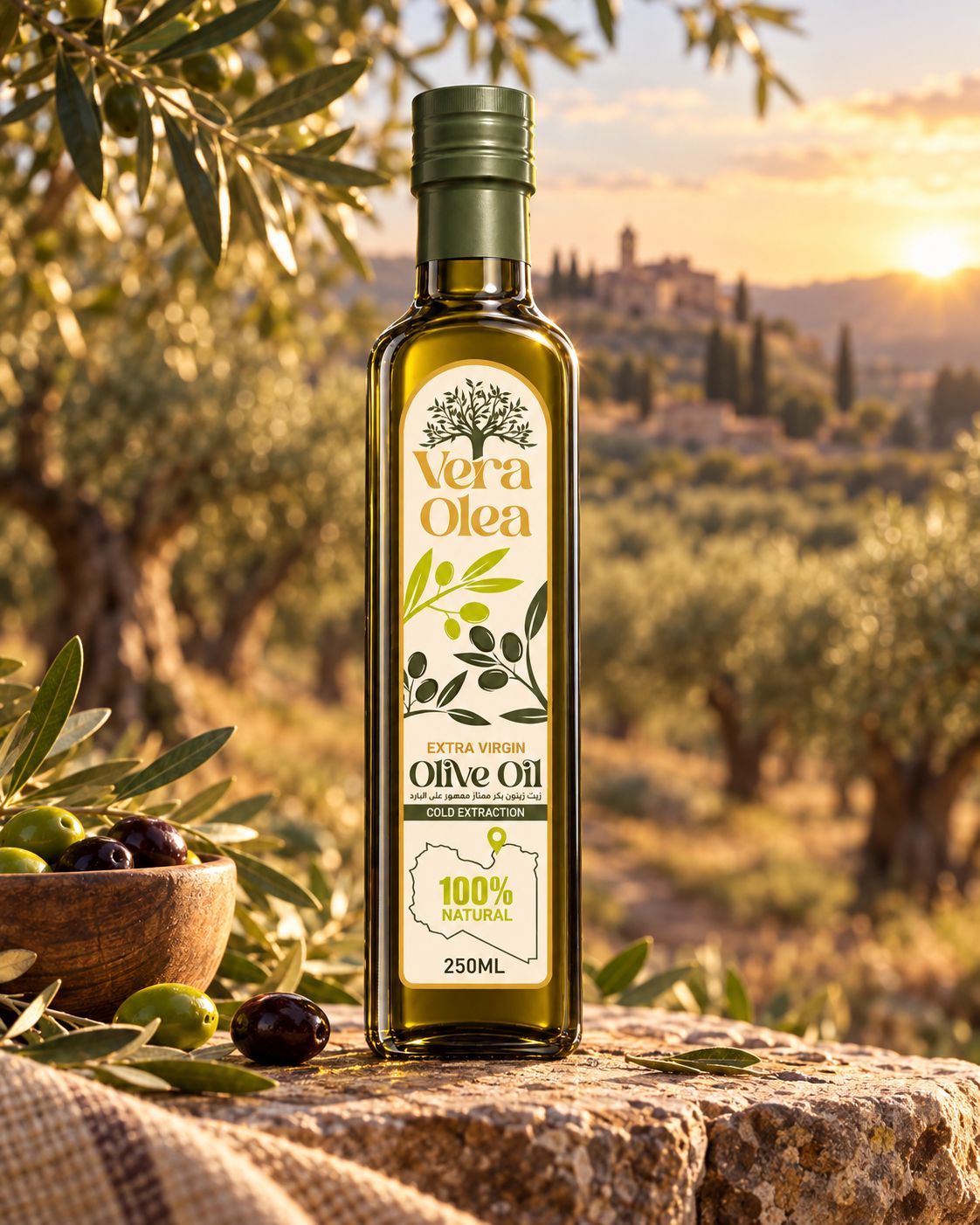 Vera Olea Flasche vor einem Olivenhain im Abendlicht, davor eine Schale frischer Oliven