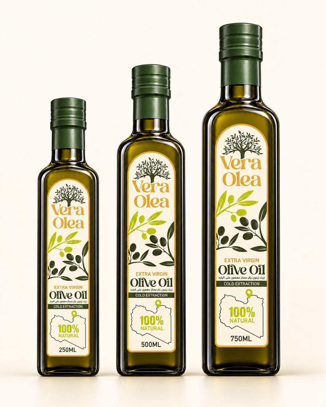 Drei Flaschen Vera Olea Natives Olivenöl Extra in 250 ml, 500 ml und 750 ml – dunkelgrünes Glas mit cremefarbenem Etikett